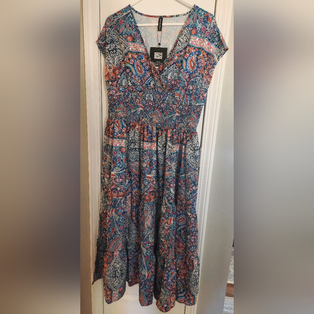 NWT Just Fashion Now Women's Ethnic V Neck Fit and Flare Dress Multi-color XXL
